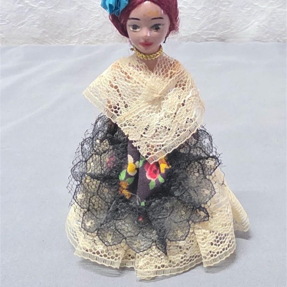 Elegant Lace Doll with Floral Dress 1960's